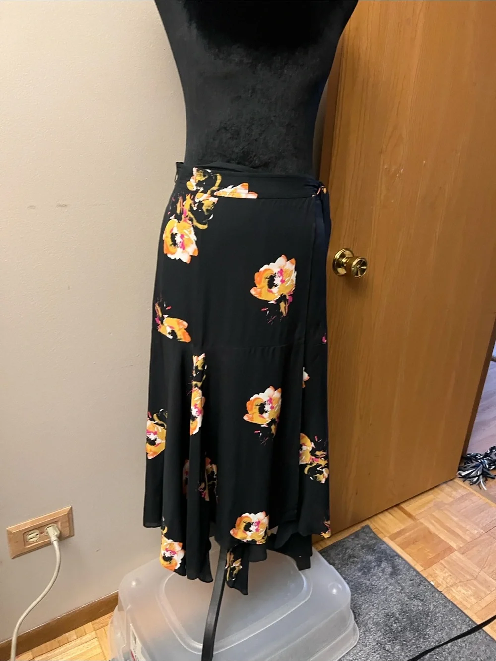 A.L.C. Black Asymmetrical Floral Maxi Skirt with Yellow and Pink Accents